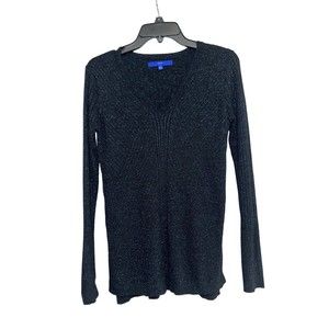 APT.9 Womens Black Blue Sparkle Ribbed Knit V-Neck Long Sleeve Sweater Sz S